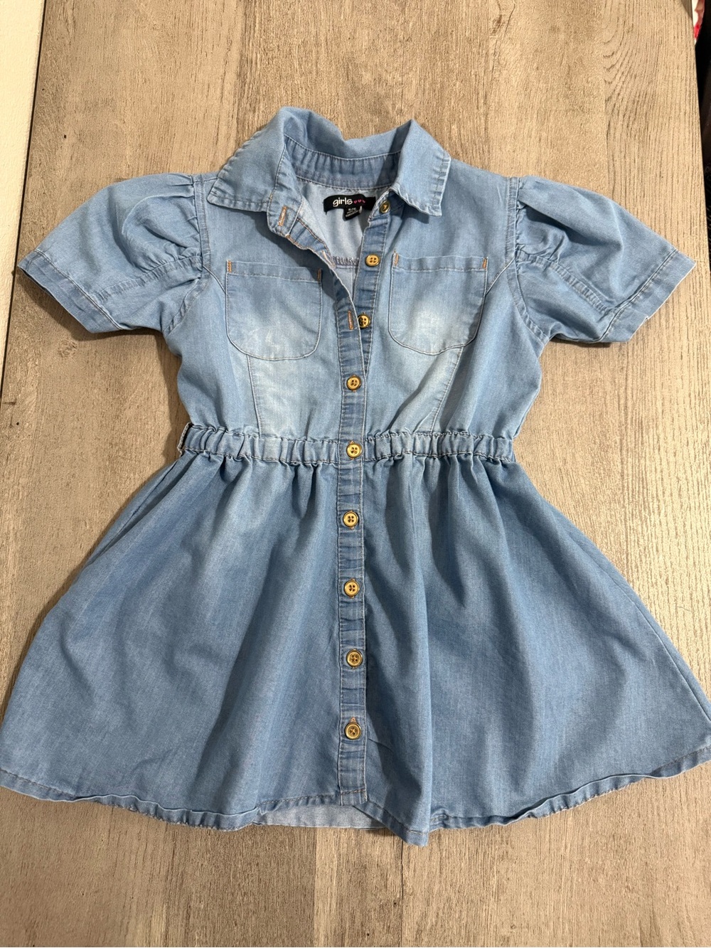 The Girls Denim Shirt Dress in Light Blue with Puff Sleeves